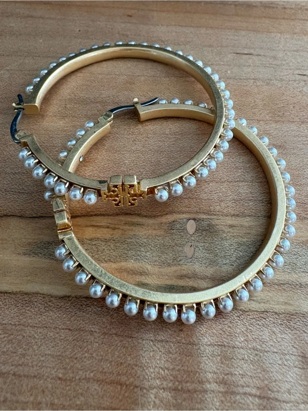 Tory Burch 2” Gold Logo Hoop Earrings with Pearl Bead Accents